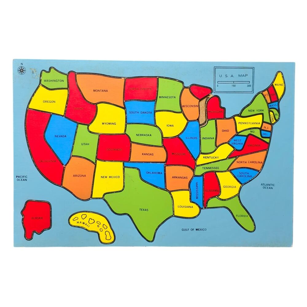 Vintage United States Map & Capital Wooden Jigsaw Puzzle USA